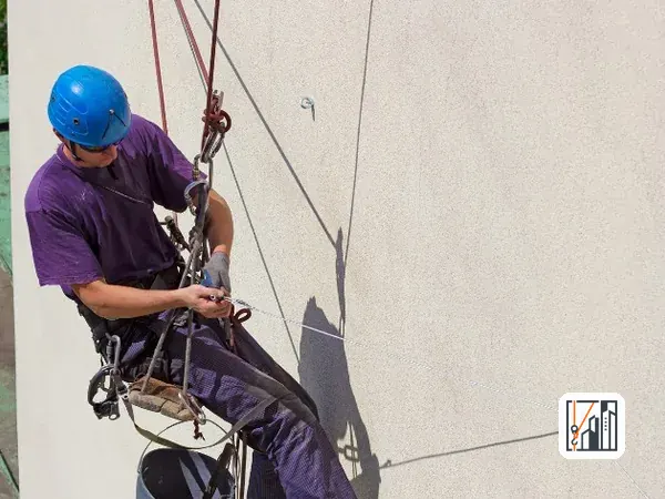 Técnico tratando una fachada desde la cuerda