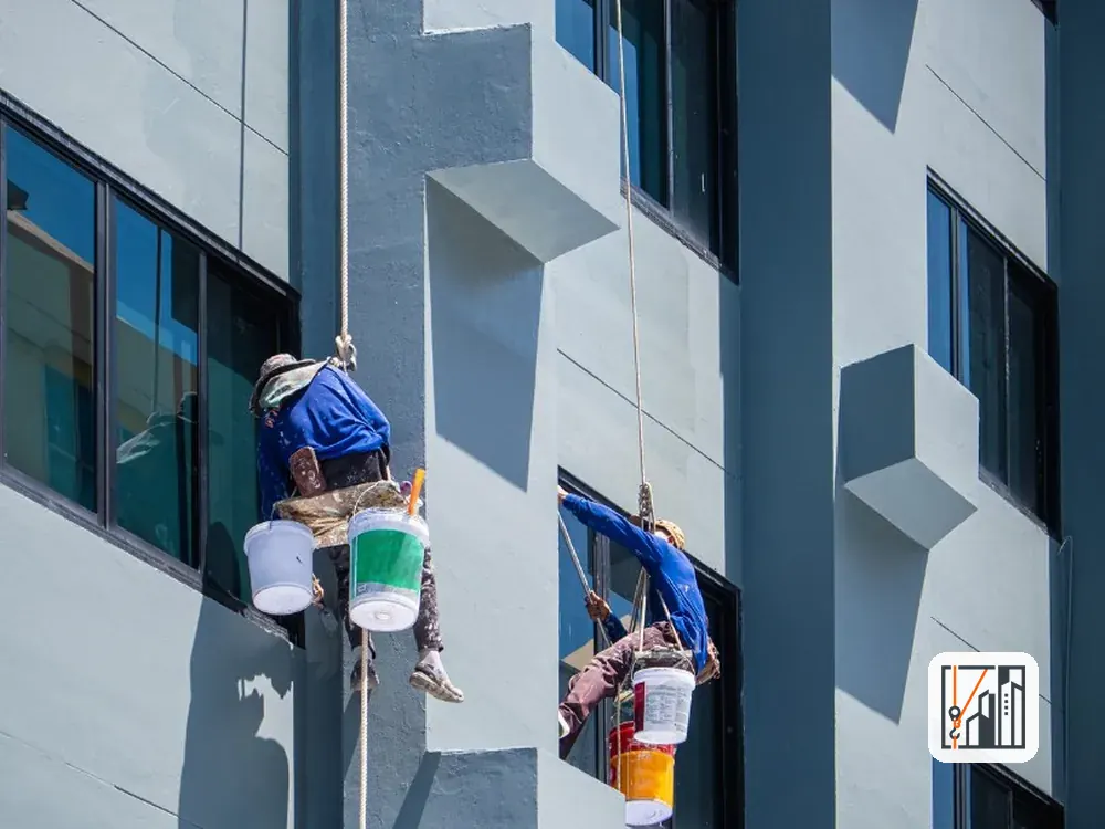 Dos técnicos pintando la fachada de un edificio colgados de cuerdas