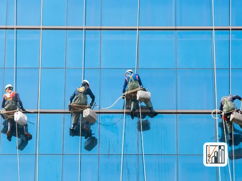 Técnicos limpiando por cuerda el muro cortina de un edificio de oficinas