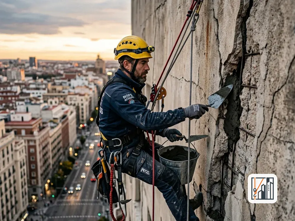 Técnico de trabajos verticales rehabilitando una fachada en Málaga