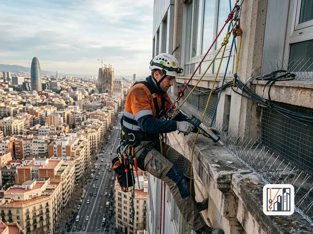 Instalación de sistema antiaves en la cornisa de un edificio para evitar el anidamiento de palomas.